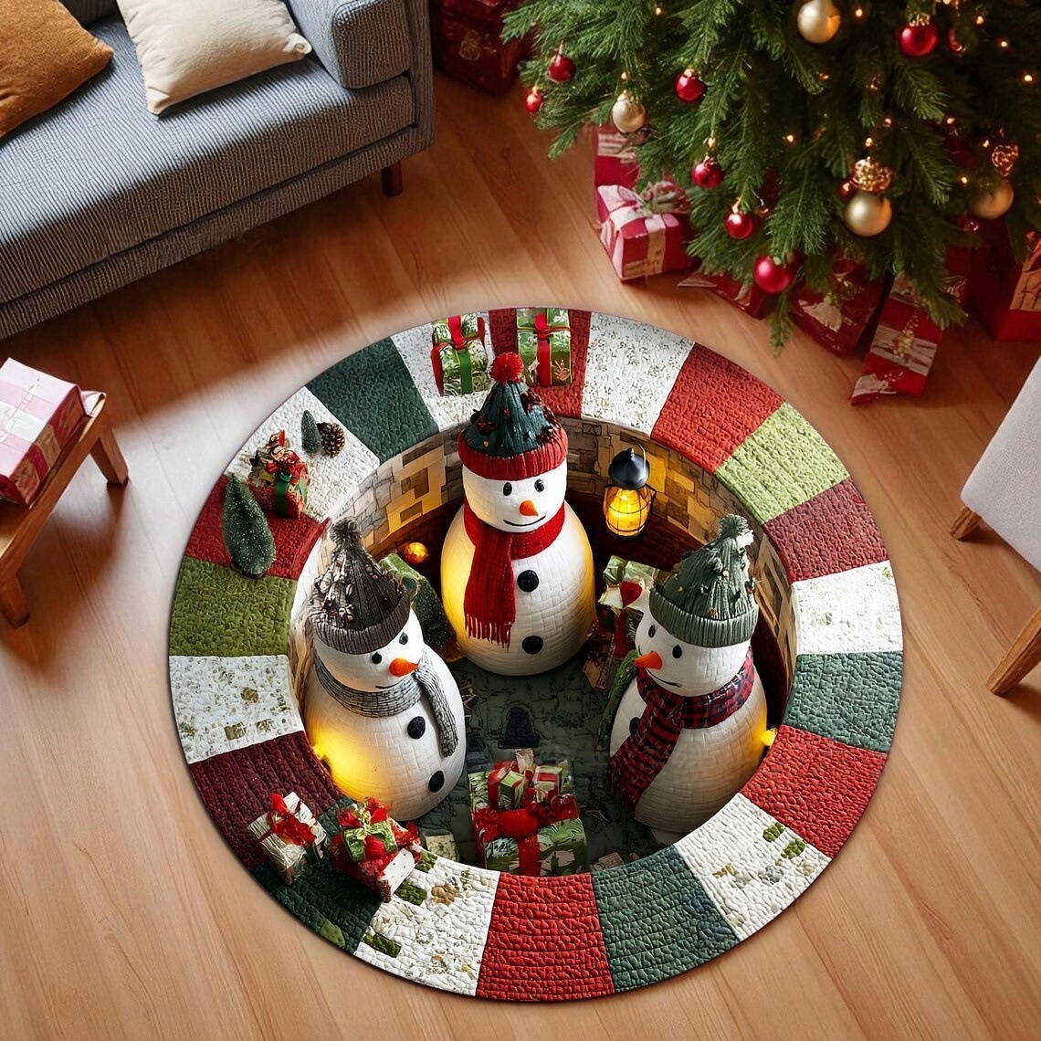 Magical Christmas 3D Illusion Rug — design 12 Snowman Trio Patchwork