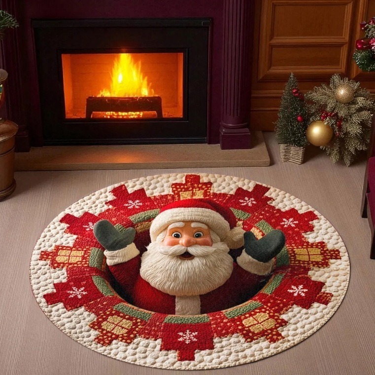 Magical Christmas 3D Illusion Rug — design 18 Peeking Santa Snowflake