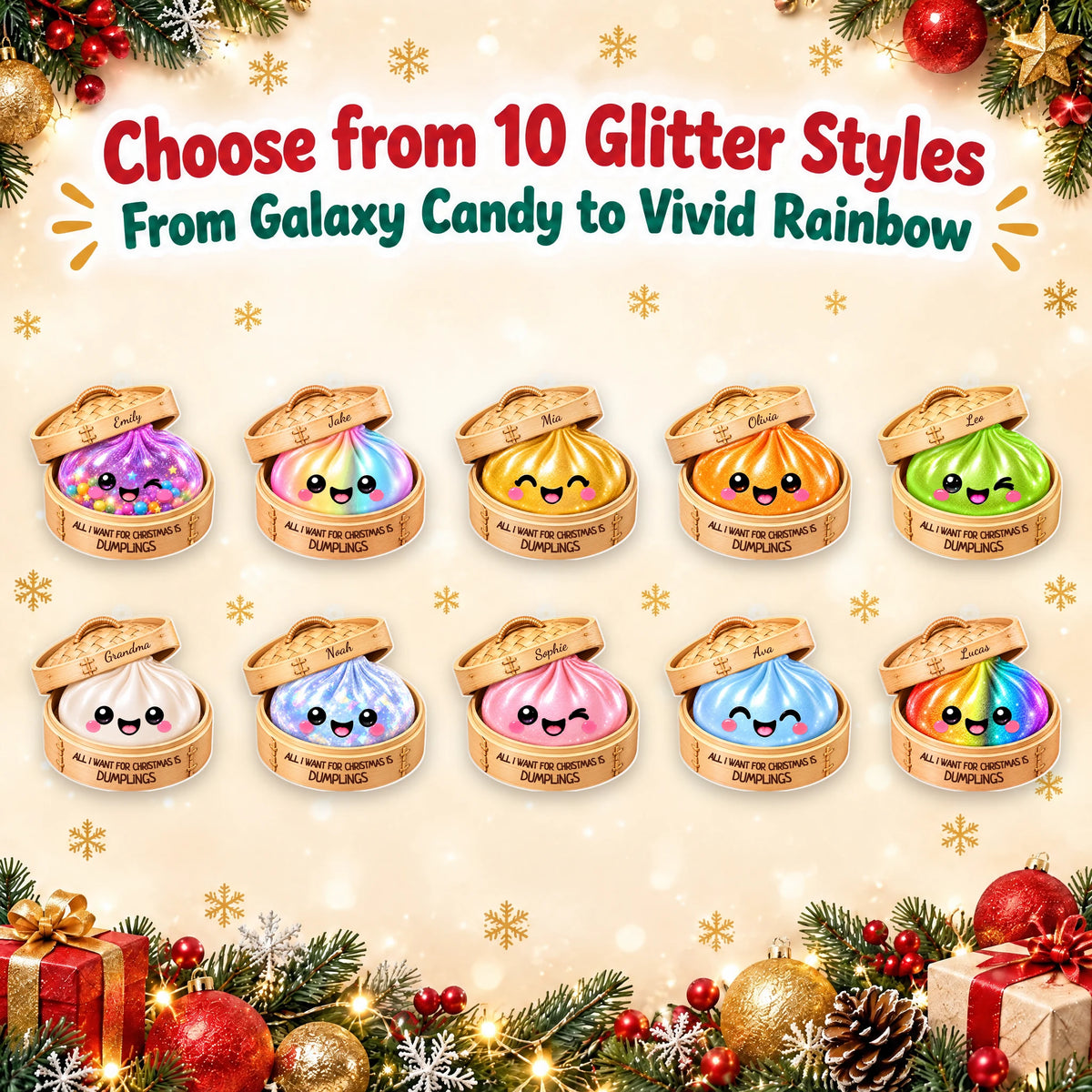 Personalized Christmas Dumpling Ornament — all 10 glitter styles