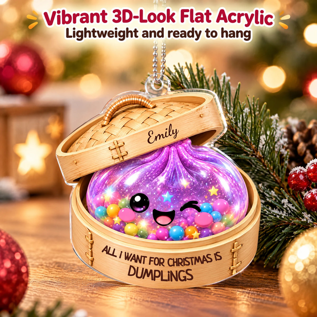 Personalized Christmas Dumpling Ornament — flat acrylic close-up