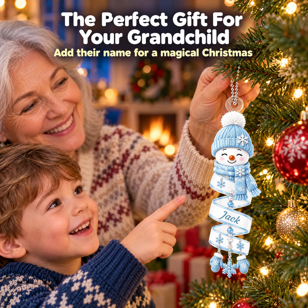 Personalized Smiling Snowman Keepsake Ornament — hanging on a lit Christmas tree