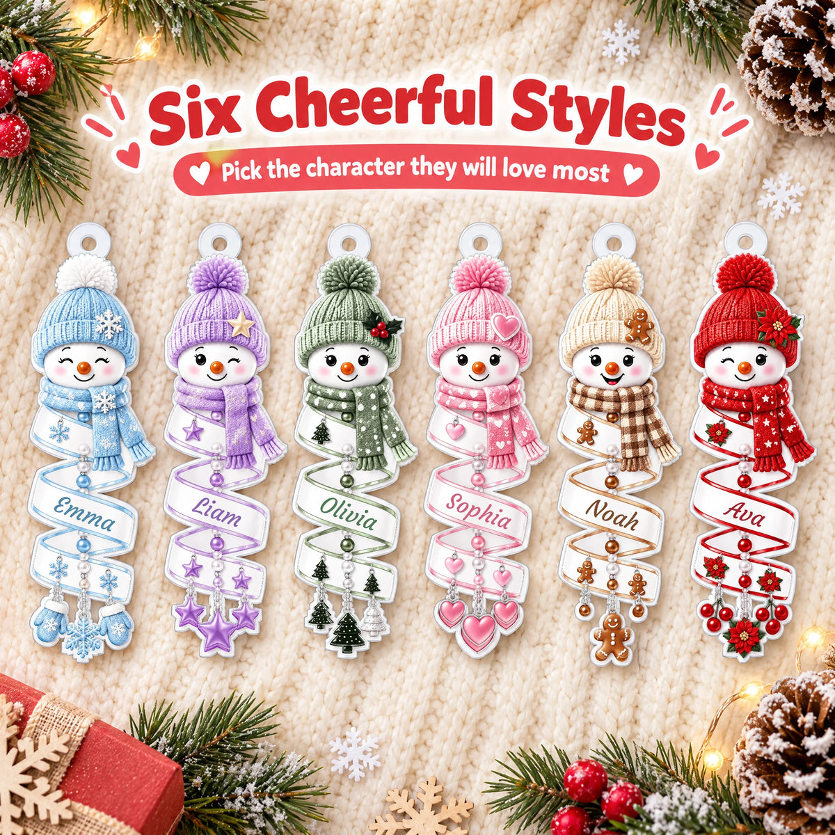 Personalized Smiling Snowman Keepsake Ornament — all 6 snowman styles