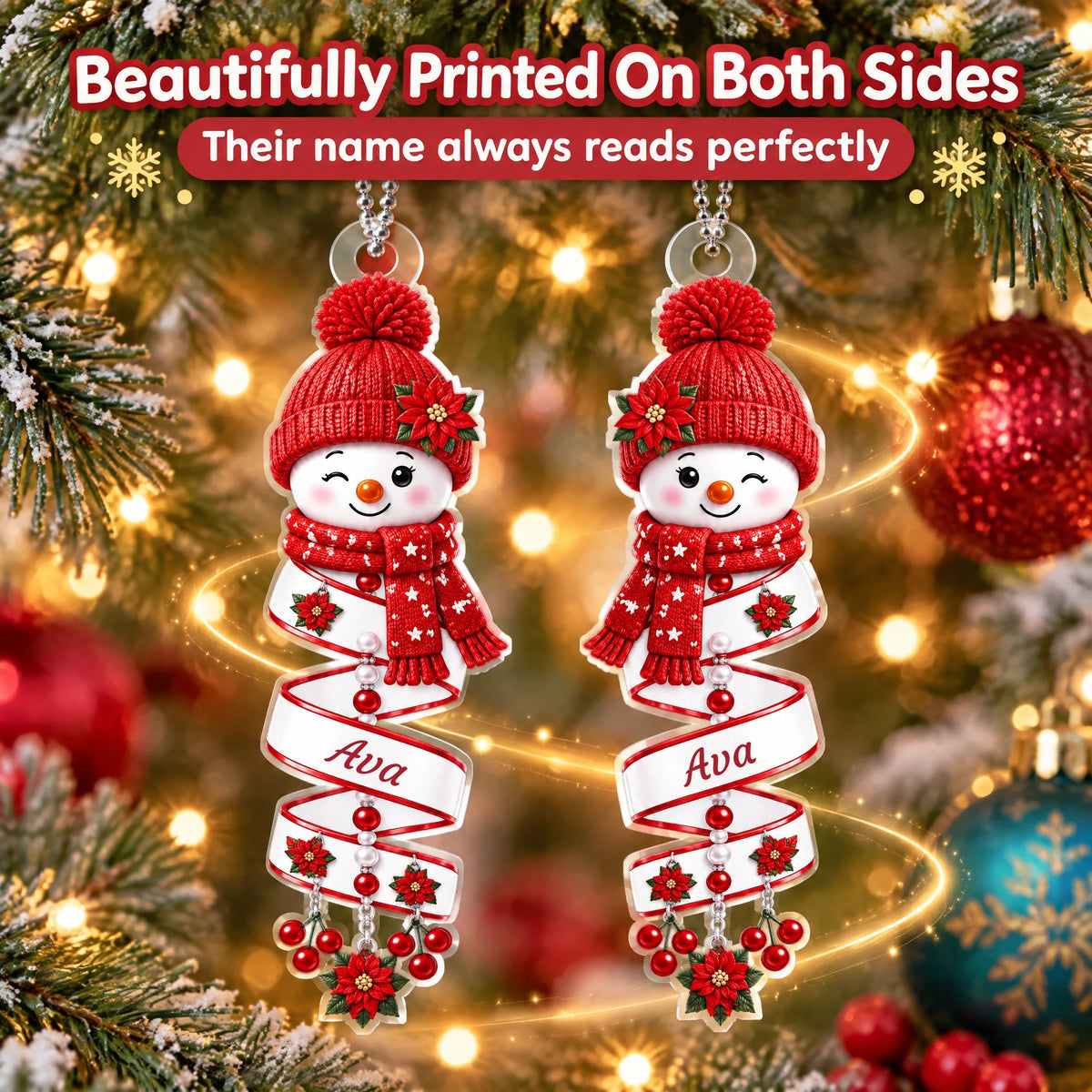 Personalized Smiling Snowman Keepsake Ornament — printed on both sides