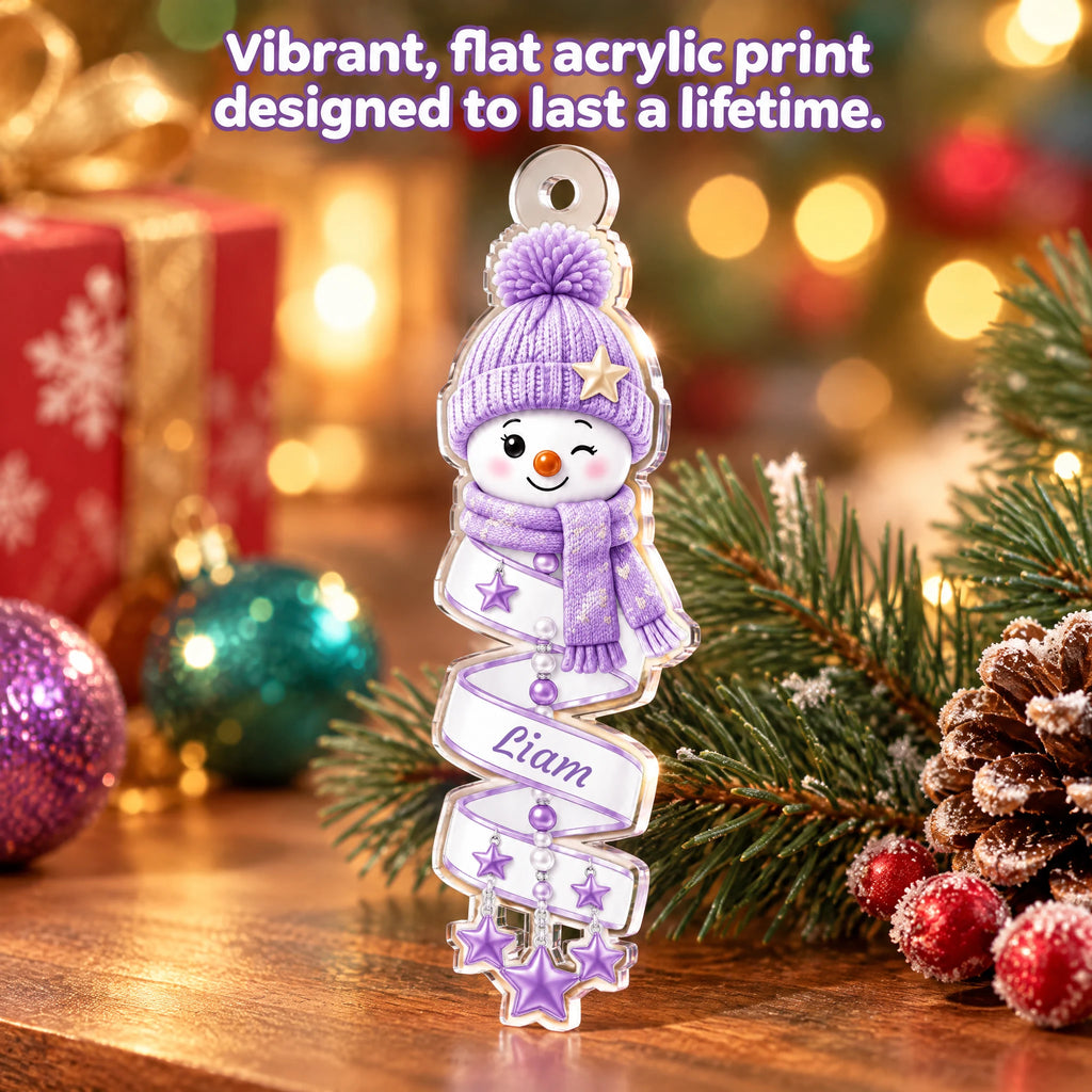 Personalized Smiling Snowman Keepsake Ornament — flat acrylic close-up