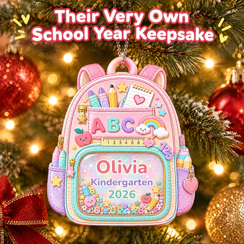 My School Year Personalized Backpack Ornament — hanging on a lit Christmas tree