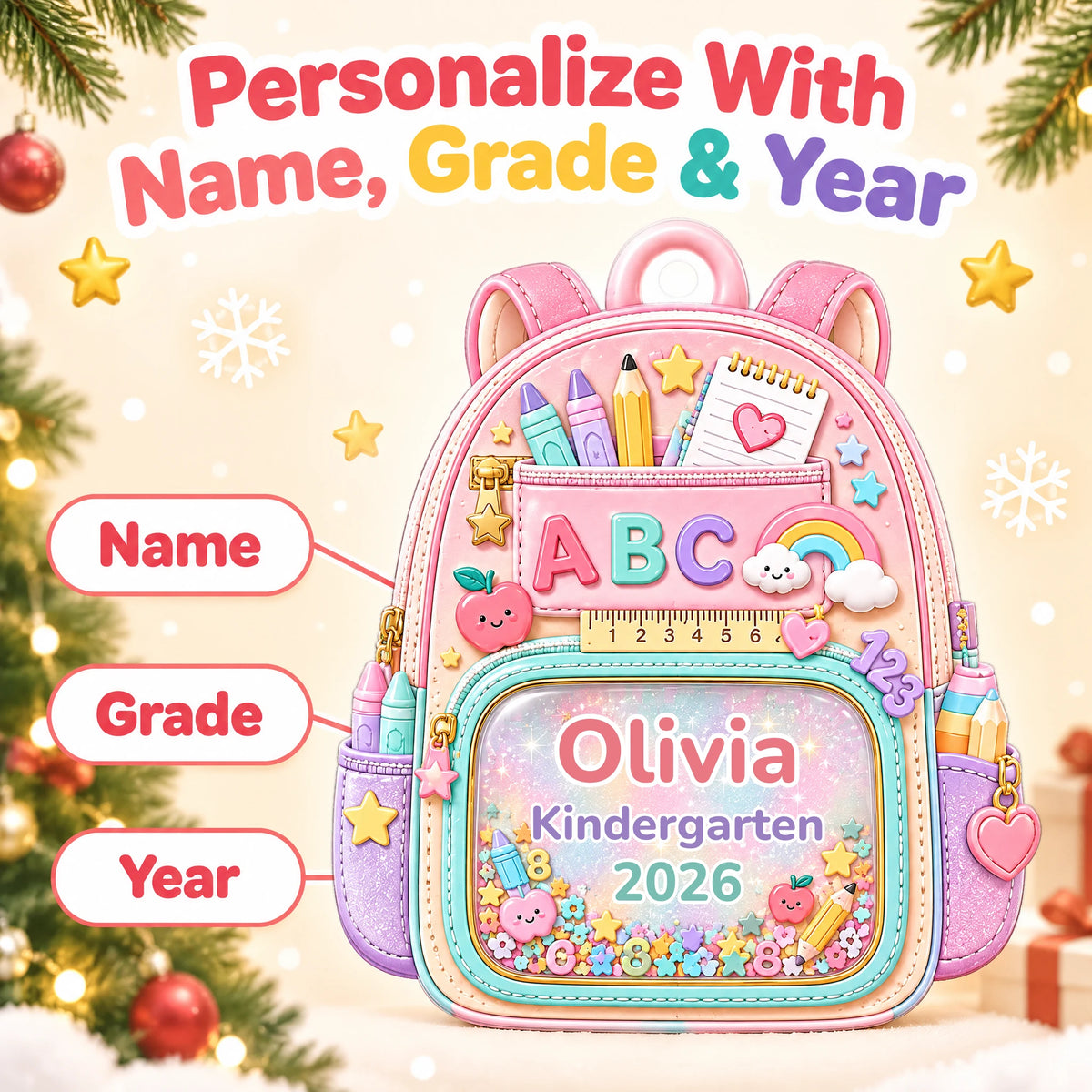 My School Year Personalized Backpack Ornament — personalize with name, grade and year