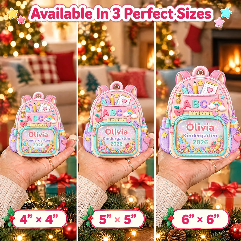 My School Year Personalized Backpack Ornament — 4, 5 and 6 inch sizes on a hand