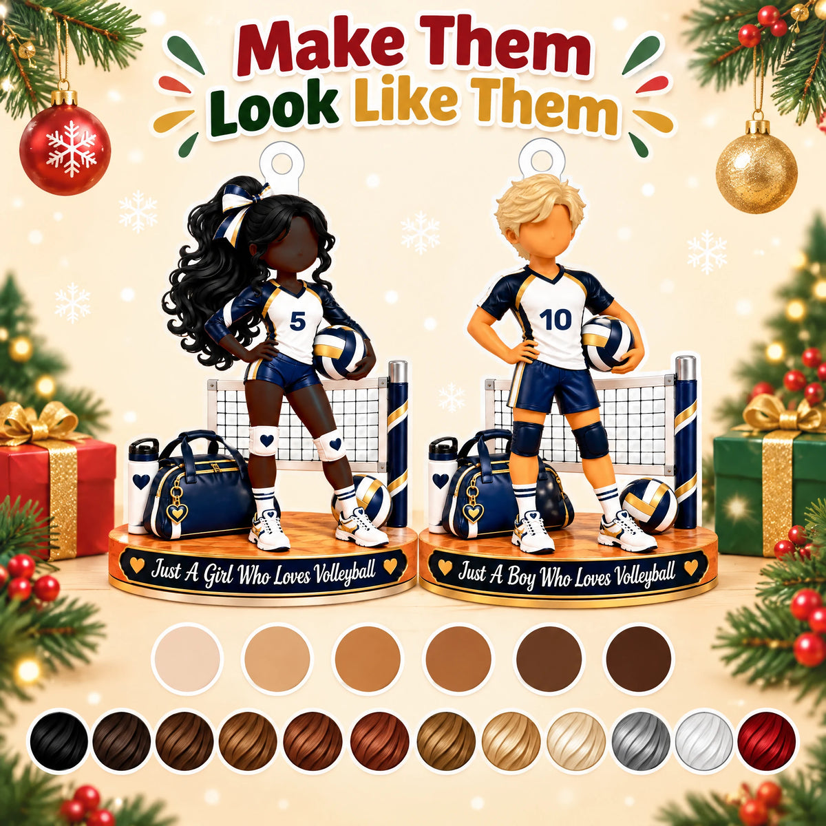 Personalized Volleyball Player Christmas Keepsake Ornament — choose girl or boy, skin tone and hair color