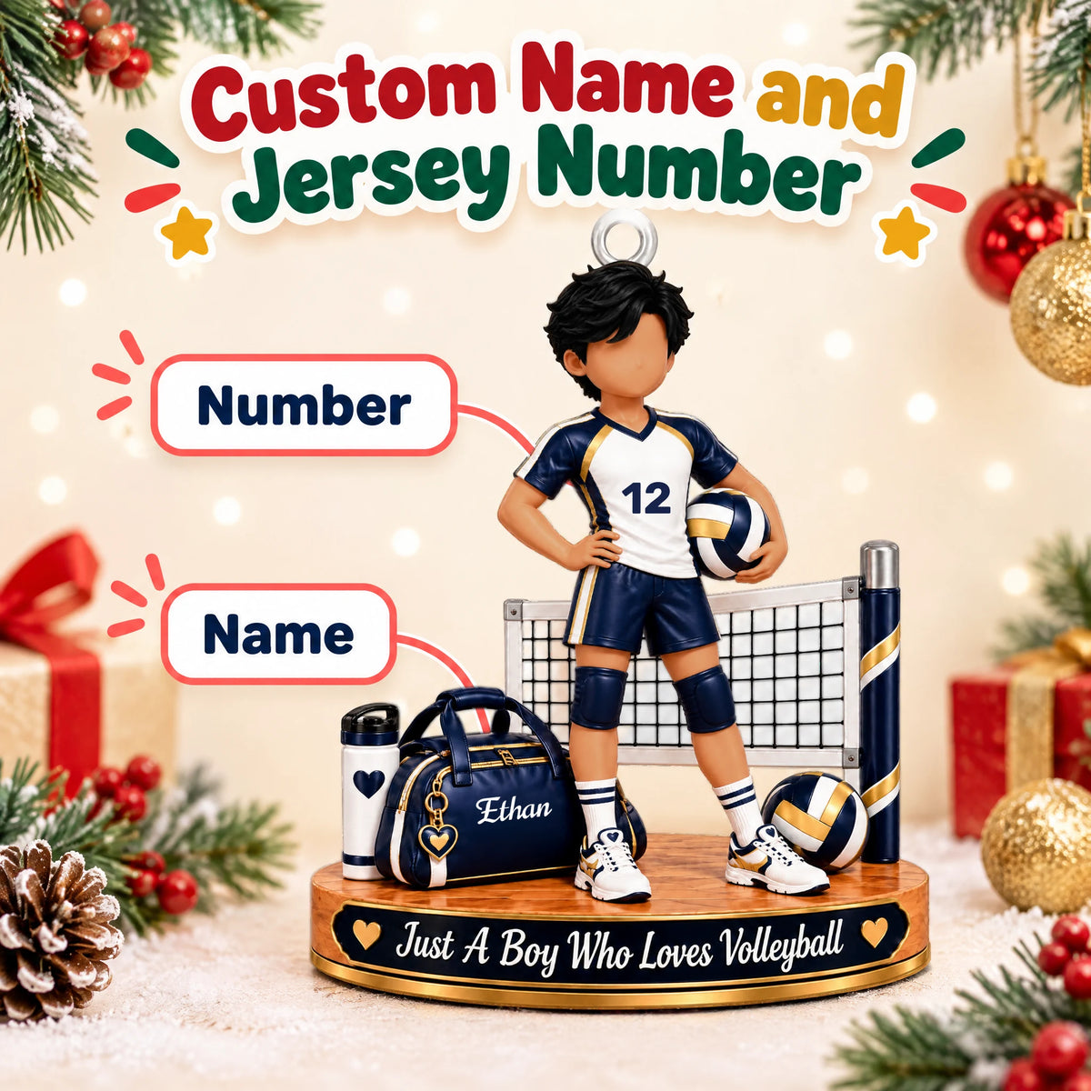 Personalized Volleyball Player Christmas Keepsake Ornament — name and jersey number