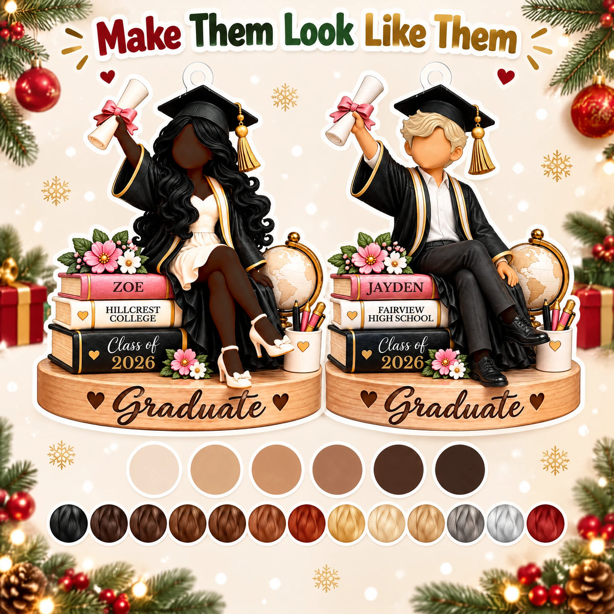 Personalized Class of 2026 Graduation Christmas Keepsake Ornament — choose girl or boy, skin tone and hair color