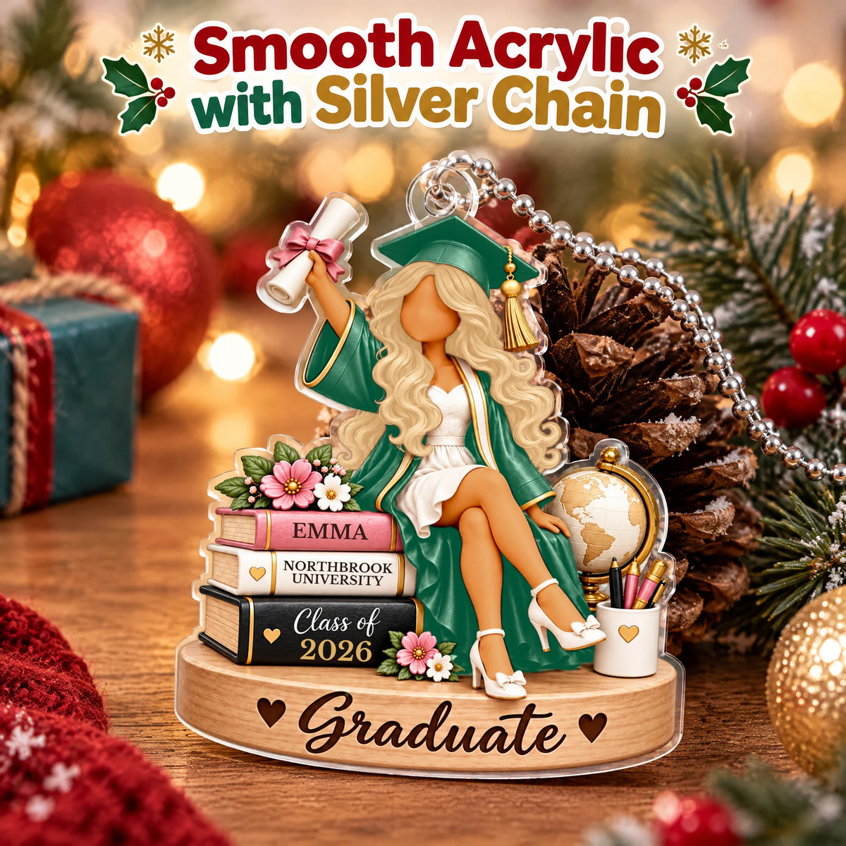 Personalized Class of 2026 Graduation Christmas Keepsake Ornament — flat acrylic close-up