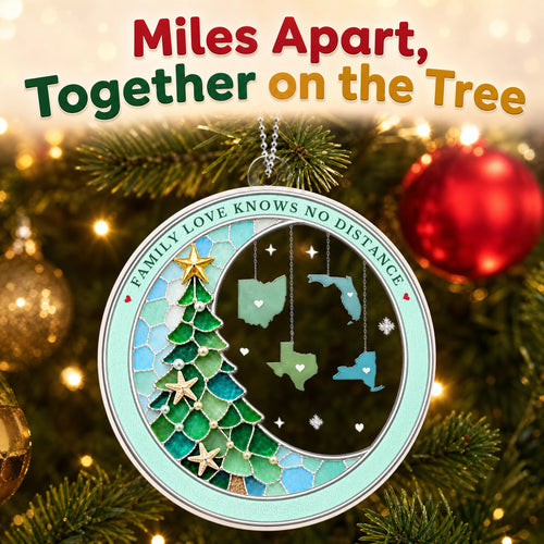 Personalized Family State Christmas Ornament — hanging on a lit Christmas tree