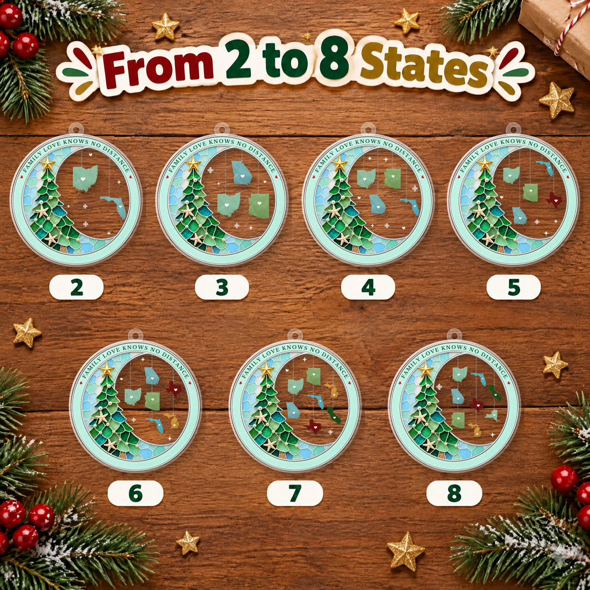Personalized Family State Christmas Ornament — layouts for 2 to 8 states